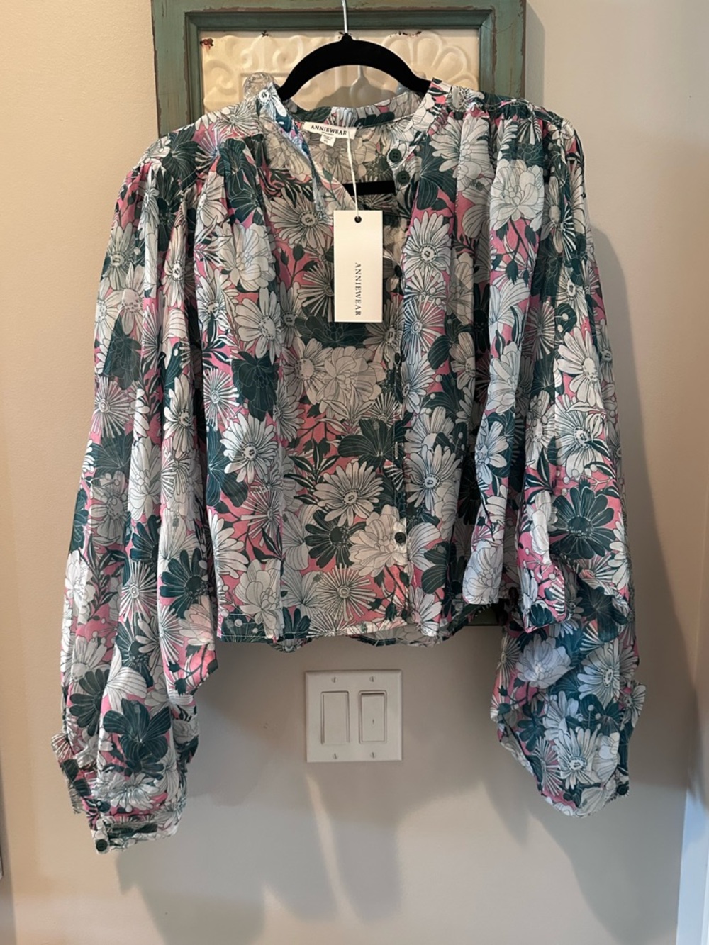 NWT Anniewear Pink & Green Floral Puff-Sleeve Sheer Blouse XL